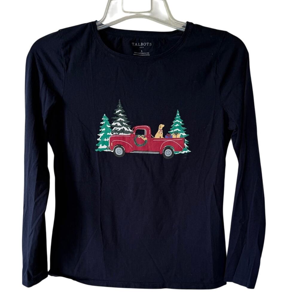 Talbots Navy Blue pullover Long sleeved T-Shirt Christmas Tree Truck size S - Picture 1 of 8